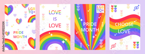 Collection 4 multicolored greeting posters for Happy Pride Month. Trendy design with simple geometric shapes. Stylized flag, rainbow, hearts, stars. Template for card, poster, banner