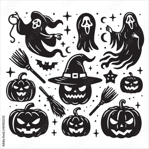 Ghosts, witches, and pumpkins, vector illustration, silhouette