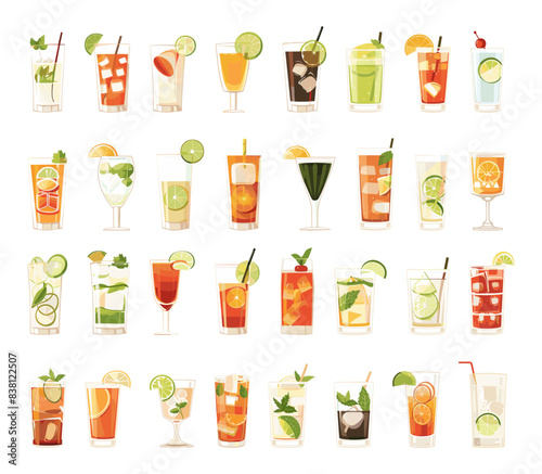 Flat Highball Cocktails Icon Set. Various Drinks in Highball Glasses. Simple Vector Illustrations on White Background. Refreshing Beverages, Cocktail Party, Summer Drinks, Mojito, Cold Drinks, Fruits