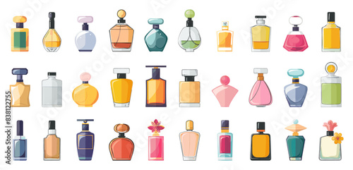 Flat Perfume Bottles Icons Set. Elegant Fragrance Bottle Illustrations. Simple Vector Design on White Background. Perfumery, Fragrances, Scent, Aromatherapy, Cosmetics, Beauty
