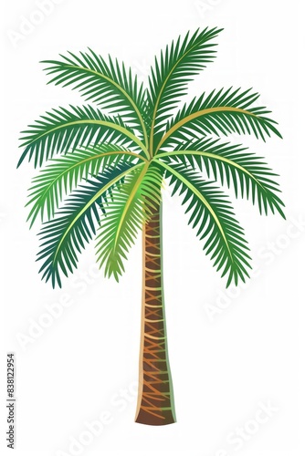 A simple image of a single palm tree with lush green leaves against a white background.