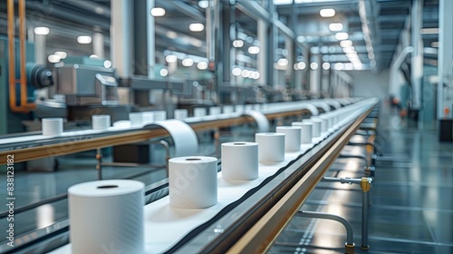 A modern factory assembly line producing rolls of toilet paper in a clean, well-lit environment