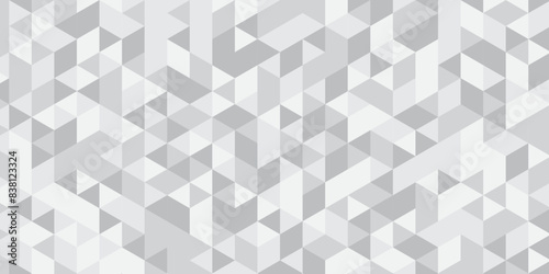 	
Abstract geometric white and gray background seamless mosaic and low polygon triangle texture wallpaper. Triangle shape retro wall grid pattern geometric ornament tile vector square element.