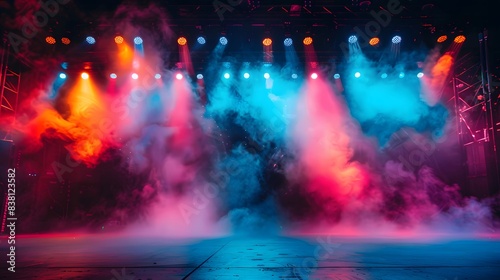 A stage with colorful lights and smoke in the background. The stage had colorful lights and smoke behind it  in the style of various artists.