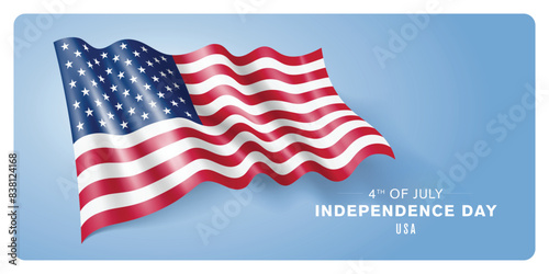 USA independence day vector banner, greeting card. American wavy flag in 4th of July patriotic holiday horizontal design with realistic flag