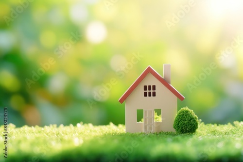 home model and life concept on green grass with sunlight