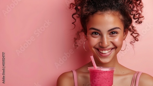 On a pink backdrop, a contented young lady sipping a smoothie, Generative AI.