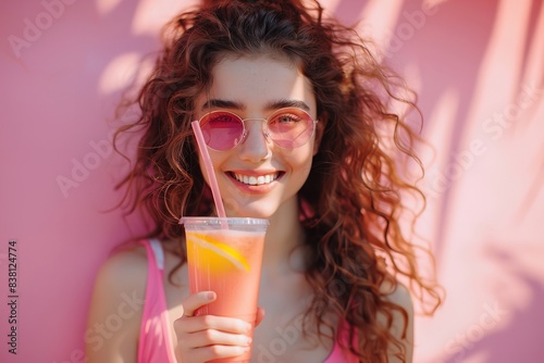 On a pink backdrop, a contented young lady sipping a smoothie, Generative AI.
