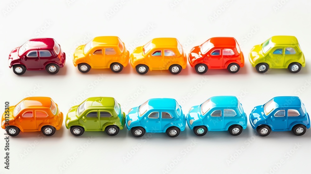 Closeup shot of a set of childrens toy cars in various colors, isolated on a white background, perfect for imaginative play and motor skills development
