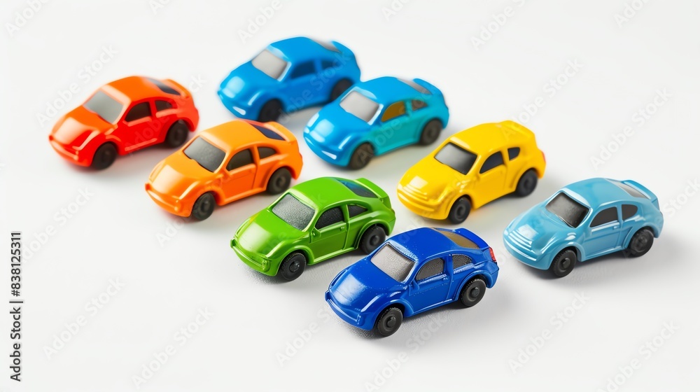 Closeup shot of a set of childrens toy cars in various colors, isolated on a white background, perfect for imaginative play and motor skills development Closeup shot of a set of childrens toy cars in various colors, isolated on a white background, perfect for imaginative play and motor skills development