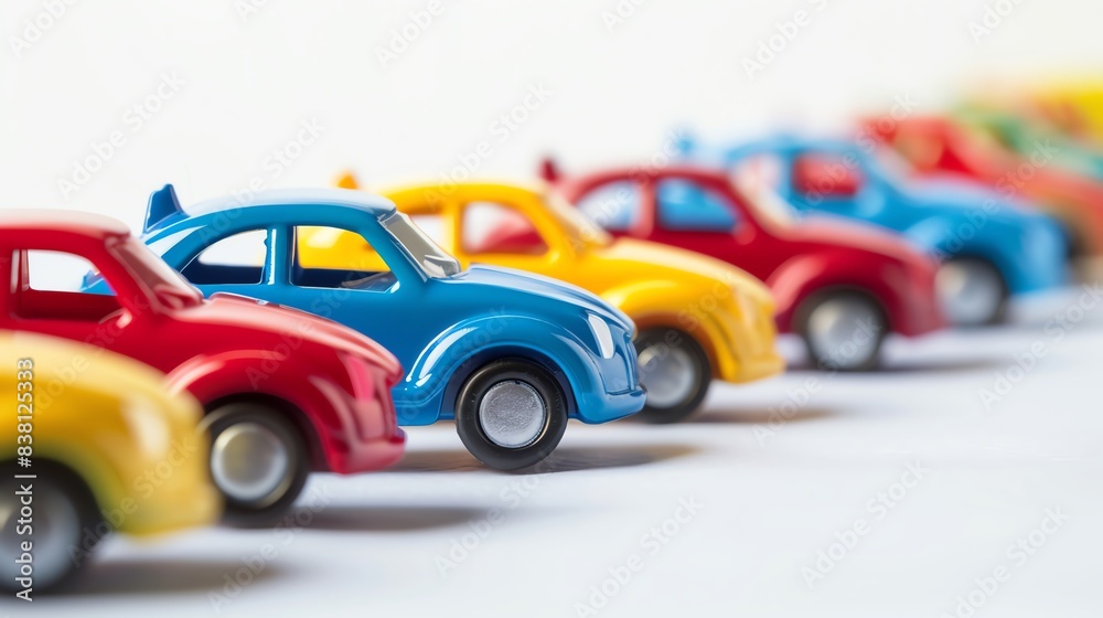 Closeup shot of a set of childrens toy cars in various colors, isolated on a white background, perfect for imaginative play and motor skills development Closeup shot of a set of childrens toy cars in various colors, isolated on a white background, perfect for imaginative play and motor skills development