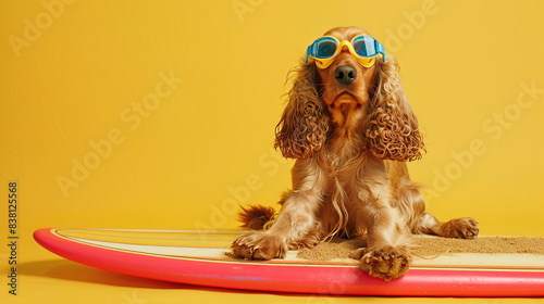 The Cocker spaniel dog on the beach on a sapboard wearing swimming goggles photo