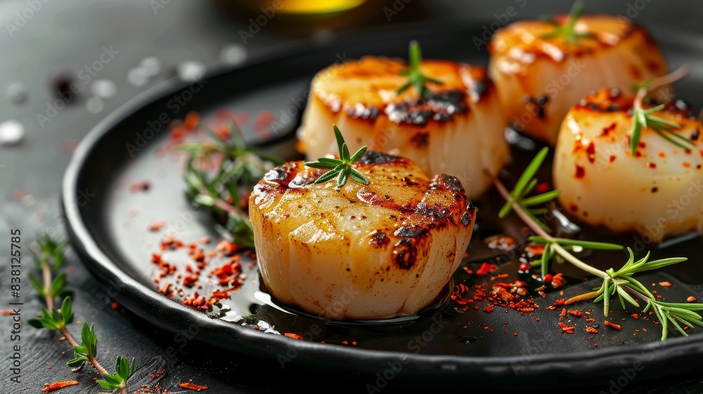 Grilled scallops garnished with herbs and spices Grilled scallops garnished with herbs and spices