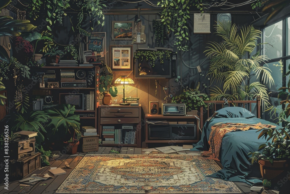 Obraz premium This intricately detailed image shows a cozy, plant-filled room with retro electronic equipment and a warm ambiance