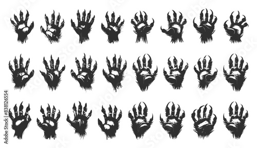 Silhouettes of fearsome werewolf clawed paws depicted in a hand-drawn simple style. Black icons set against a white background