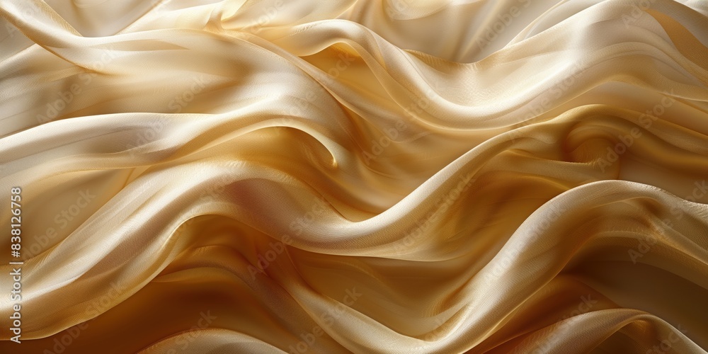 Fototapeta premium Flowing golden silk fabric abstract background. Luxurious golden silk fabric with fluid folds.