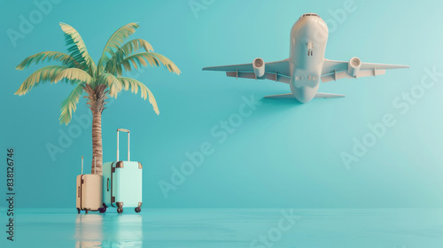 Two travel suitcases in front of a flying airplane and a tropical palm tree against blue background