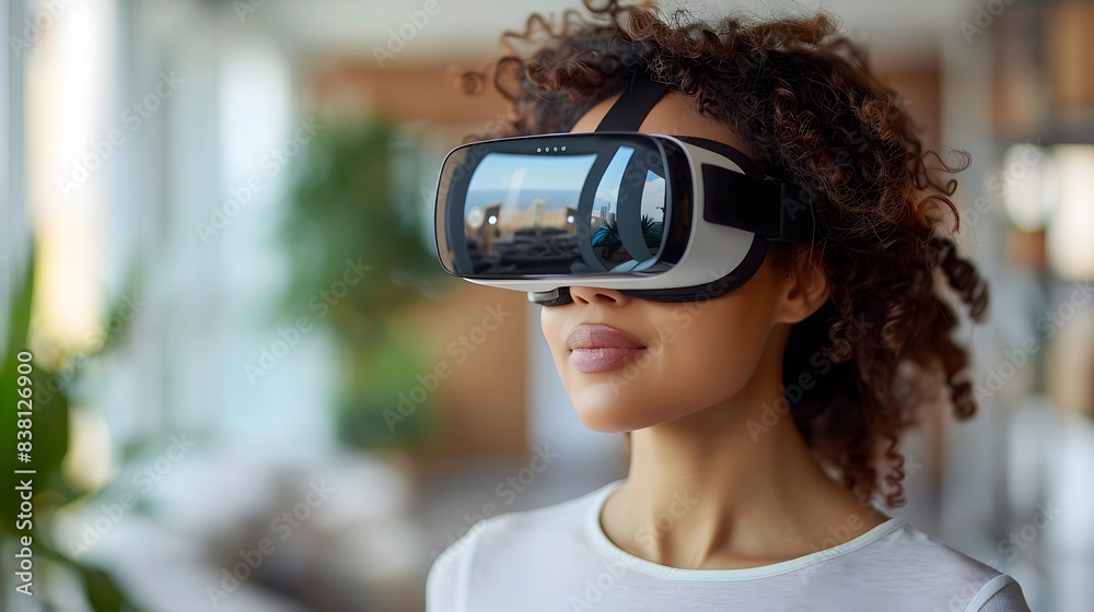 A businesswoman interacting with a virtual reality headset in a modern office, isolated on a white background A businesswoman interacting with a virtual reality headset in a modern office, isolated on a white background