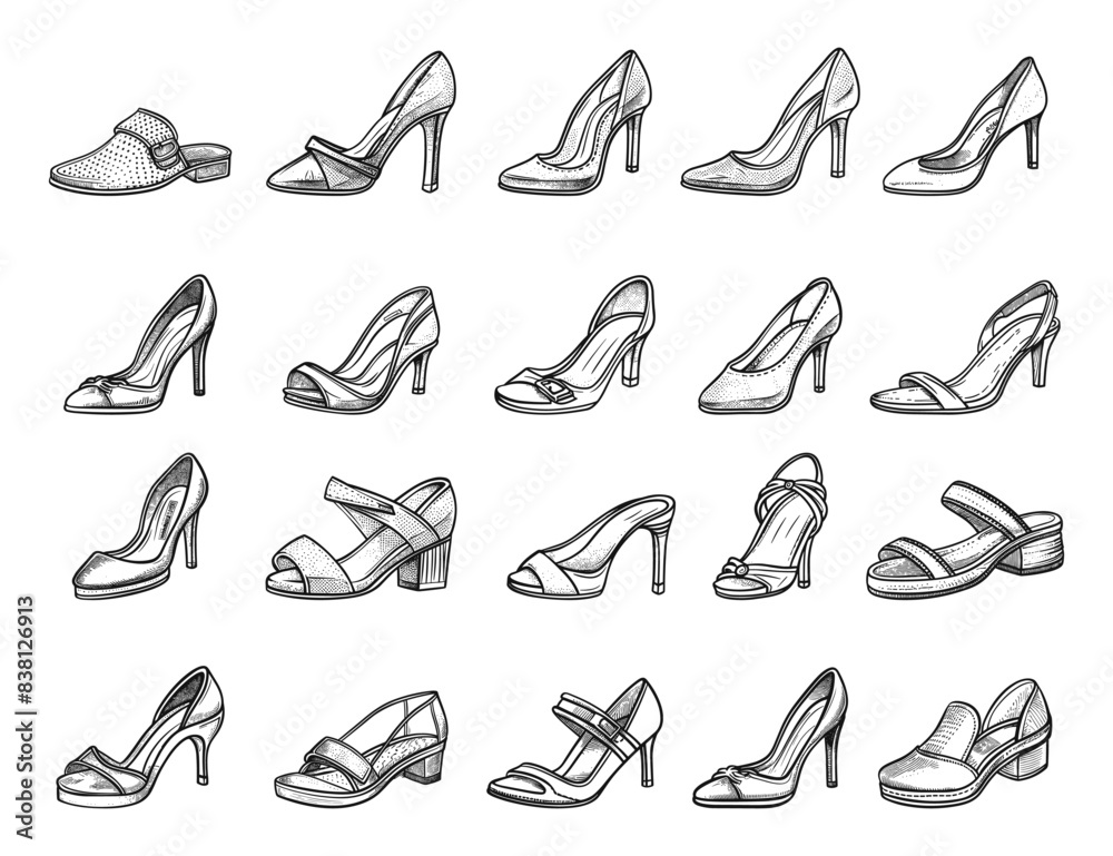 Womens Heeled Shoes Sandals. Doodle Style Icons. Low Detail, Crisp Contours, Line Sketch. Elegant Footwear Illustrations on White Womens Heeled Shoes Sandals. Doodle Style Icons. Low Detail, Crisp Contours, Line Sketch. Elegant Footwear Illustrations on White