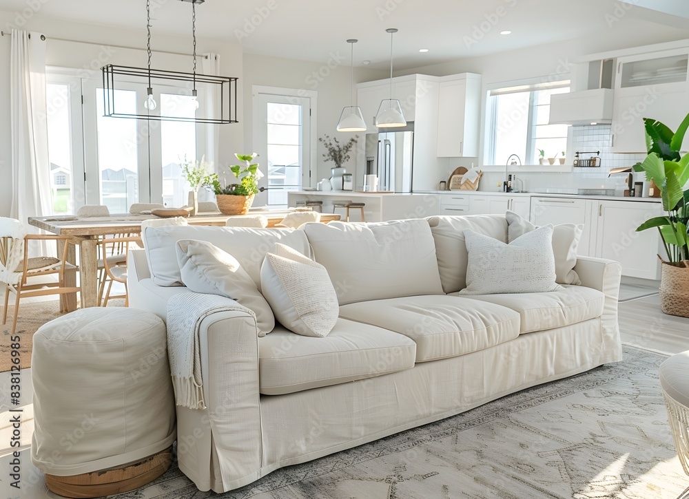 Fototapeta premium Modern living room with a cream sofa and white chairs in a new home interior design