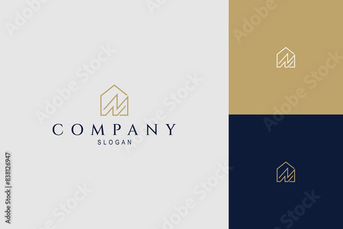 Real estate business logo with minimalist house design and letter M