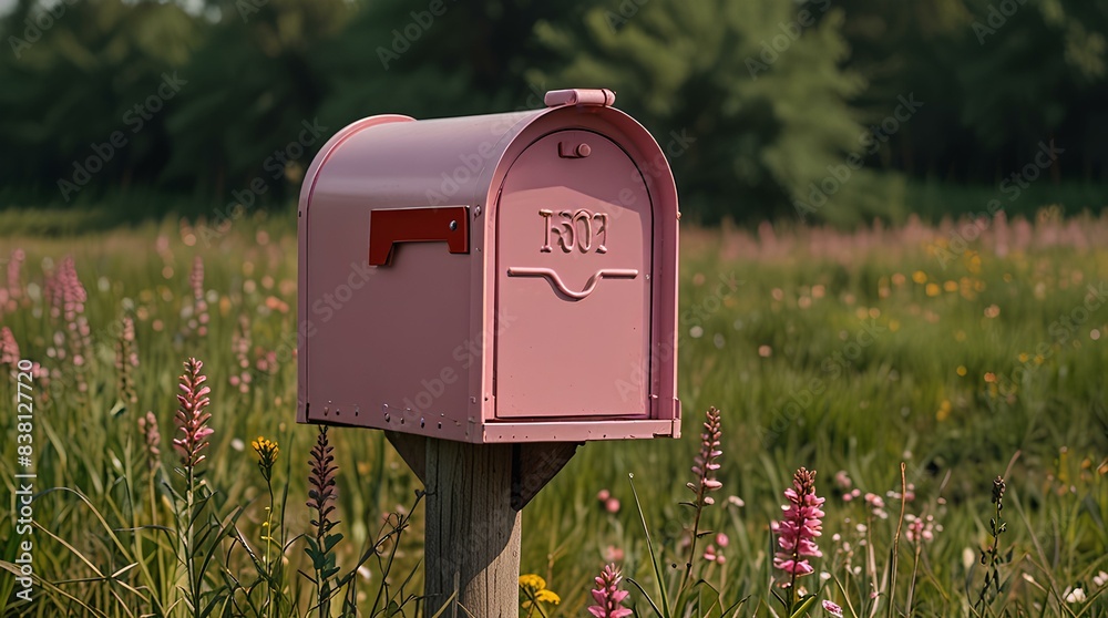 Closeup pink mailbox in the nature around flowers and field. Closeup pink mailbox in the nature around flowers and field.