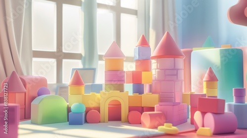 Wallpaper Mural 3D illustration of colorful building blocks castle playtime in a sunlit room. Torontodigital.ca
