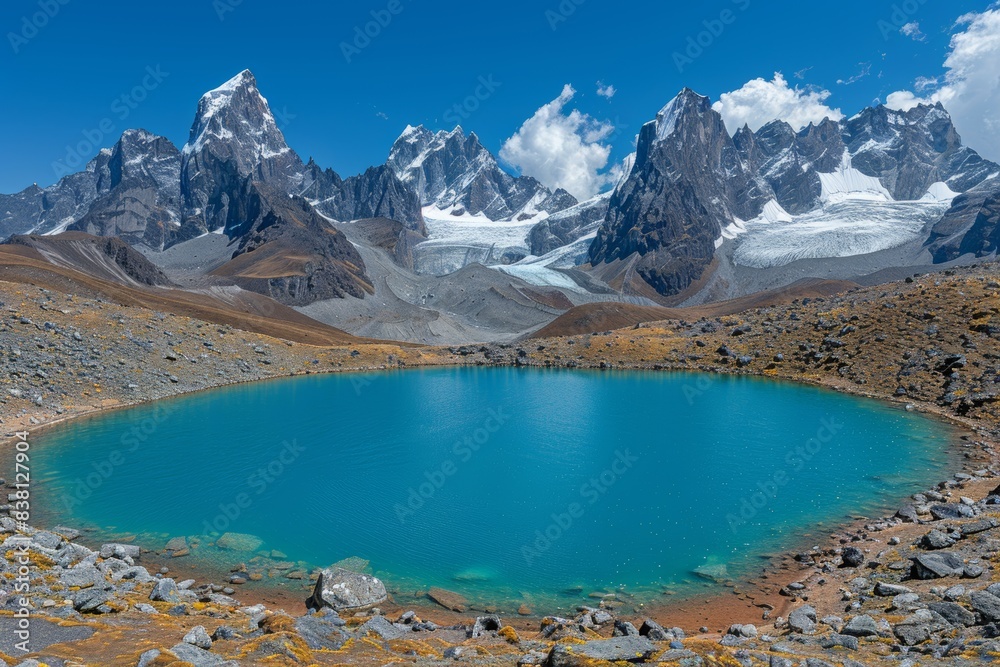 Fototapeta premium Turquoise Glacial Lake Nestled Amongst the Himalayan Mountains