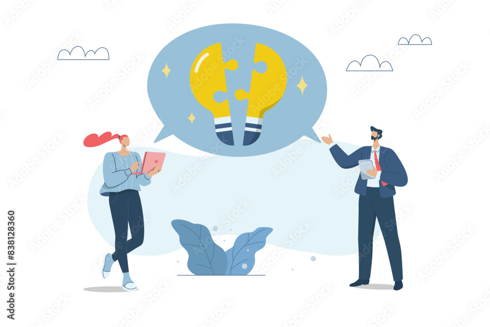 Collaborative idea generation to solve problems, Creative brainstorming, Assembling great business ideas, Business team putting together a jigsaw puzzle of ideas, Vector design illustration. Collaborative idea generation to solve problems, Creative brainstorming, Assembling great business ideas, Business team putting together a jigsaw puzzle of ideas, Vector design illustration.