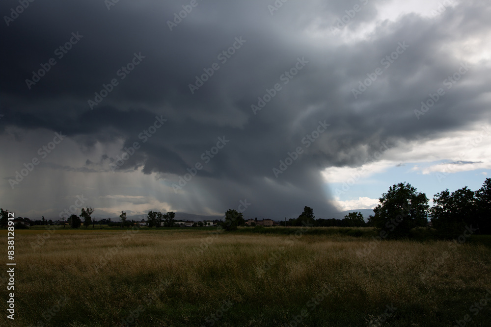 Tornado over cultivated fields, flat landscape Tornado over cultivated fields, flat landscape
