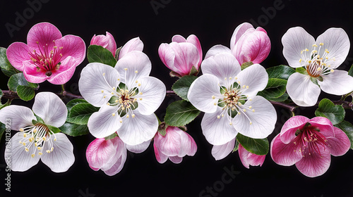 Stunning Apple Blossom Branch Featuring Pink and White Flowers Against a Dark Background  Highlighting the Delicate Petals and Green Leaves