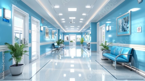 A Long Blue Hallway in a Modern Hospital or Medical Clinic  With White Tiles  a Bench  and Plants  Reflecting Light From Windows