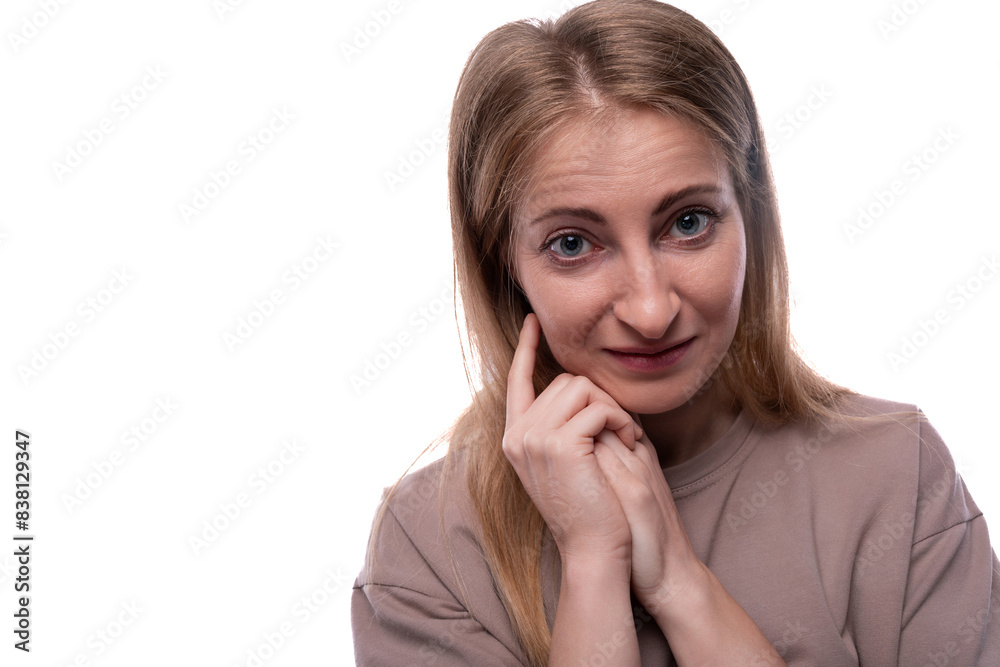 Close-up of a caucasian blond woman wearing a t-shirt Close-up of a caucasian blond woman wearing a t-shirt