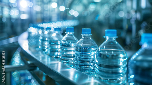 Rows of Clear Water Bottles with Blue Caps Moving on a Conveyor Belt in a Brightly Lit Industrial Environment, Showcasing Advanced Automation photo