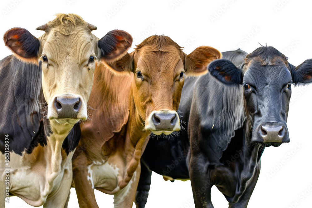 Three cows standing next to each other, one is brown, one is black Three cows standing next to each other, one is brown, one is black