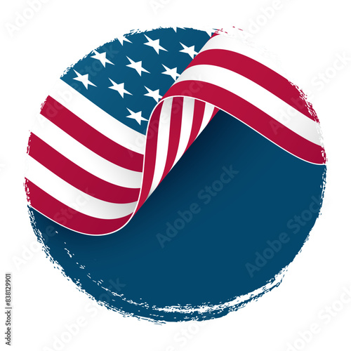 Brush stroke round shape with national flag of the United States of America. Graphic design for American holidays greeting cards and invitations. Vector illustration.