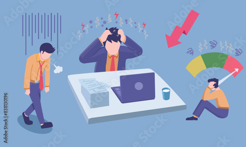 businessman walk sad, employee tired and stress, vector illustration