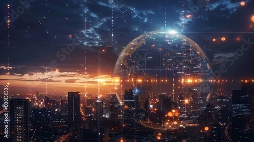 A glowing digital globe hovers over a bustling city skyline at night  symbolizing global connectivity  technology  and the future of urban development.