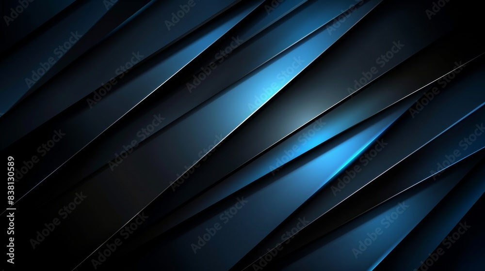 Obraz premium Abstract geometric background with diagonal blue and black stripes for modern technology designs, digital presentations, and website layouts.