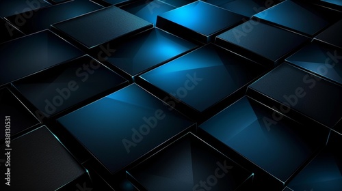 Abstract blue and black geometric pattern of squares and rectangles in a 3d perspective, ideal for backgrounds, tech, digital and business concepts