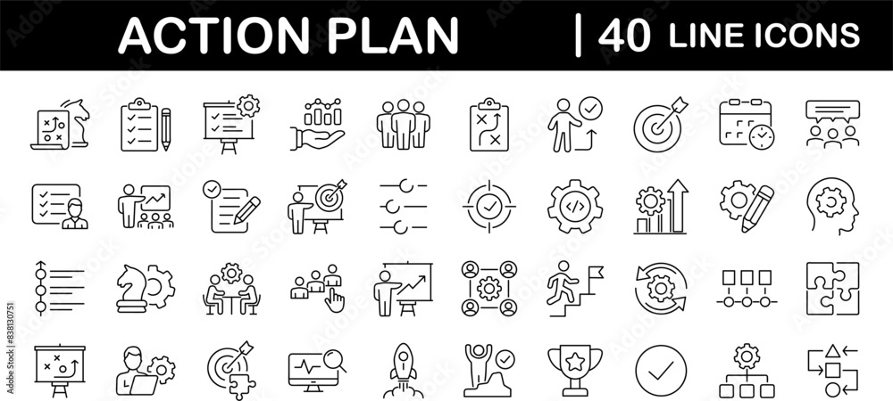 Action plan set of web icons in line style. Strategy action planning icons for web and mobile app. Containing strategy, analysis, planning, strategy, analysis, tasks, goal, implementation and more
