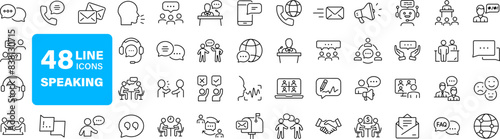 Speaking set of web icons in line style. Communication icons for web and mobile app. Containing people, communication, talking, discussion, speech bubble, team, support and more