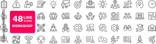 Workshop set of web icons in line style. Business Workshop icons for web and mobile app. Containing team building, teamwork, coaching, meeting, managing, coaching, motivation and more