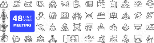Meeting set of web icons in line style. Live webinar icons for web and mobile app. Containing conference, business meeting, classroom, team, interview, conference, work, discussion and more