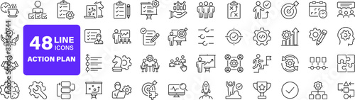 Action plan set of web icons in line style. Strategy action planning icons for web and mobile app. Containing strategy, analysis, planning, strategy, analysis, tasks, goal, implementation and more