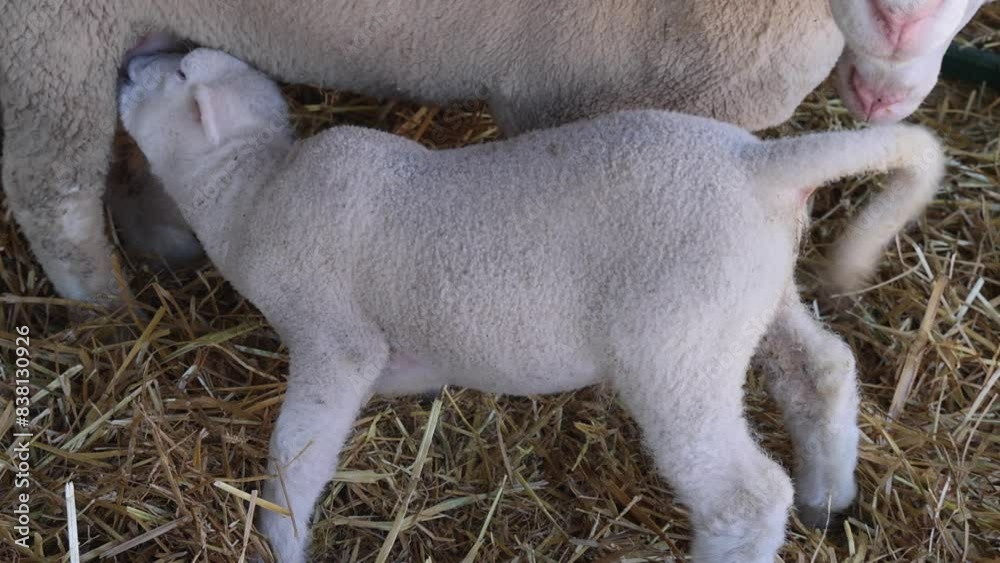 Newborn Lamb Suckling Ewe Sheep in Enclosure at Farm Newborn Lamb Suckling Ewe Sheep in Enclosure at Farm