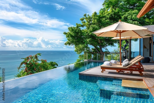 Summertime vacationing by the pool, with a veranda furnished with deck chairs and an umbrella and a view of the sea, Generative AI.