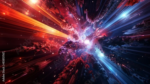 Abstract digital art of a colorful glowing nebula with vibrant rays of light streaming outwards from a central point