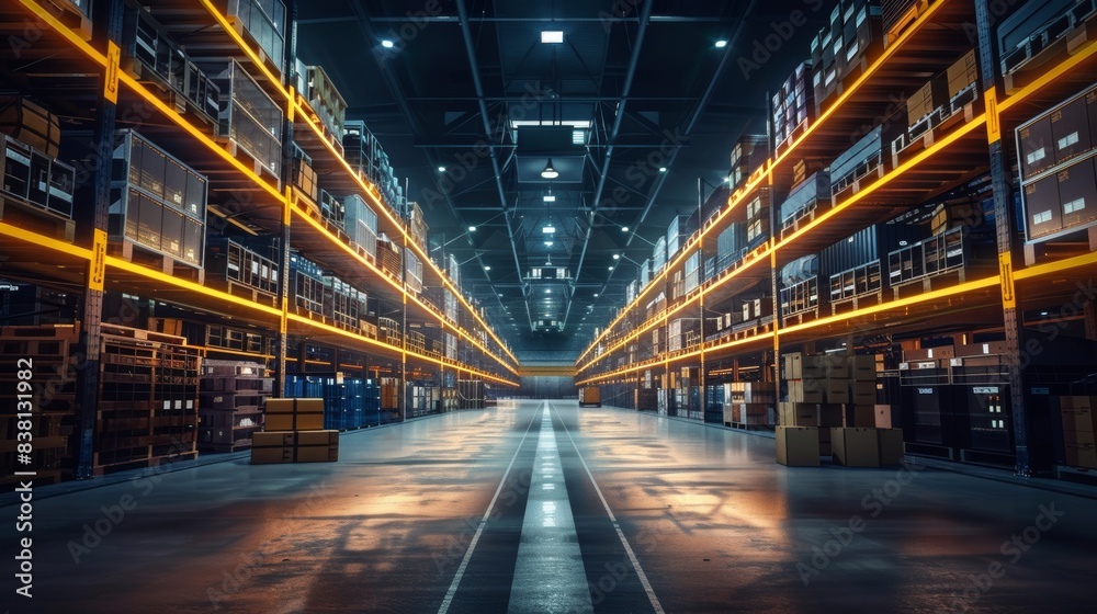 Industrial warehouse with yellow lighting and a forklift in the distance. This is a wide shot of a large warehouse with high ceilings and rows of shelves stocked with goods,