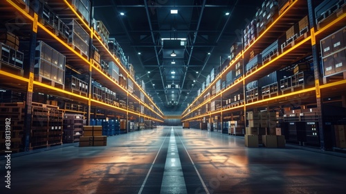 Industrial warehouse with yellow lighting and a forklift in the distance. This is a wide shot of a large warehouse with high ceilings and rows of shelves stocked with goods 